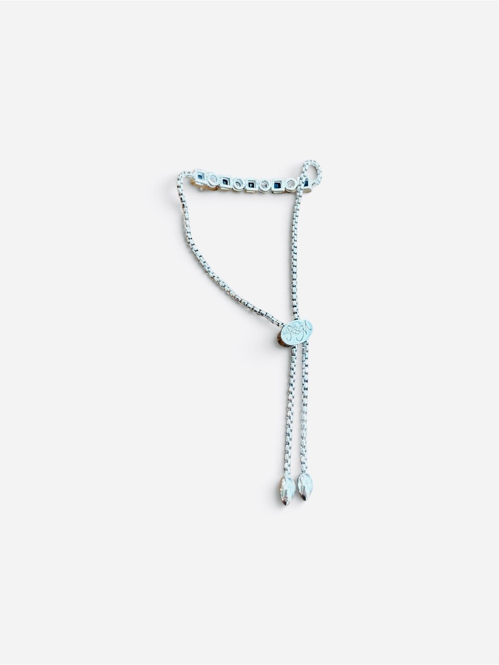 Signed SUN R&M Sterling Silver Blue and White Saphire Adjustable Tennis Bracelet - Picture 9 of 17